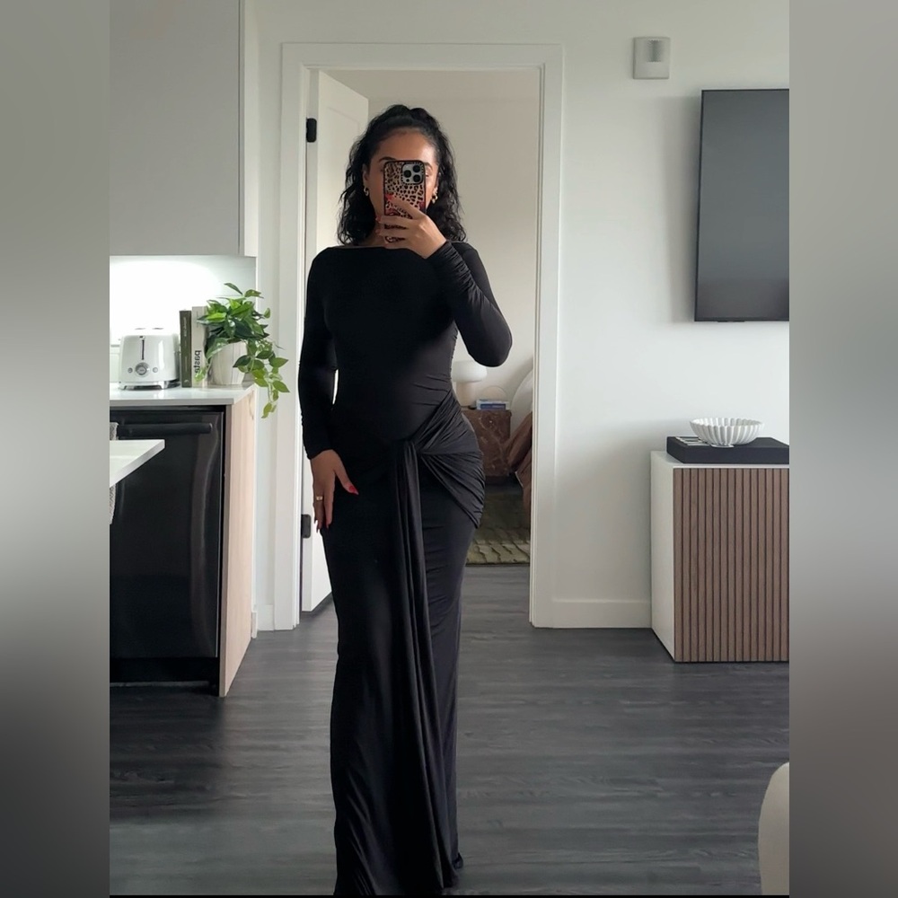 Black Long-Sleeve Draped Maxi Dress